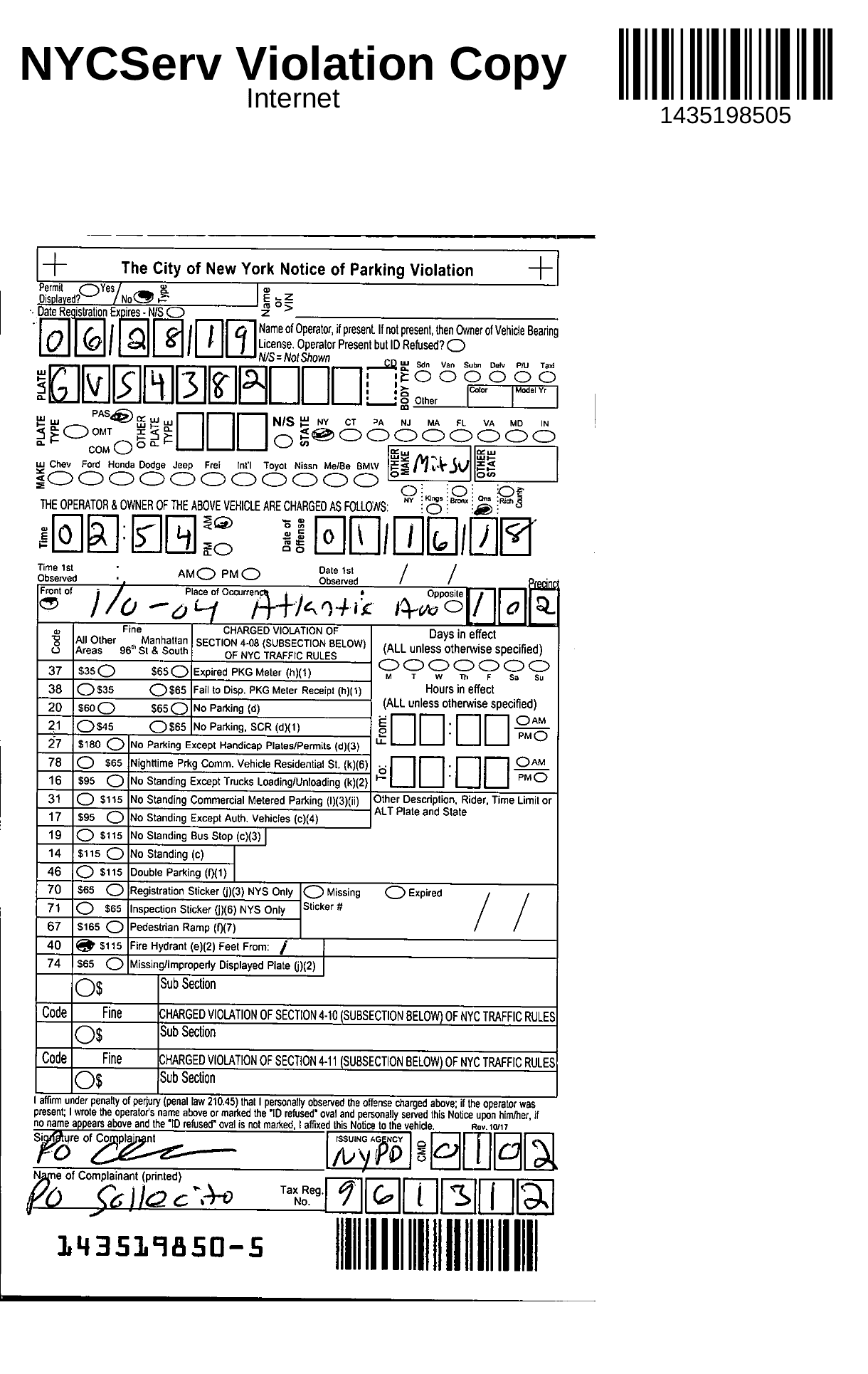 Scanned page one of NYC parking violation ticket 1435198505: a dense pre-printed form with handwritten digit boxes, fill-in ovals, a 17-row violation table with the Fire Hydrant row marked, handwritten location, and officer signature.
